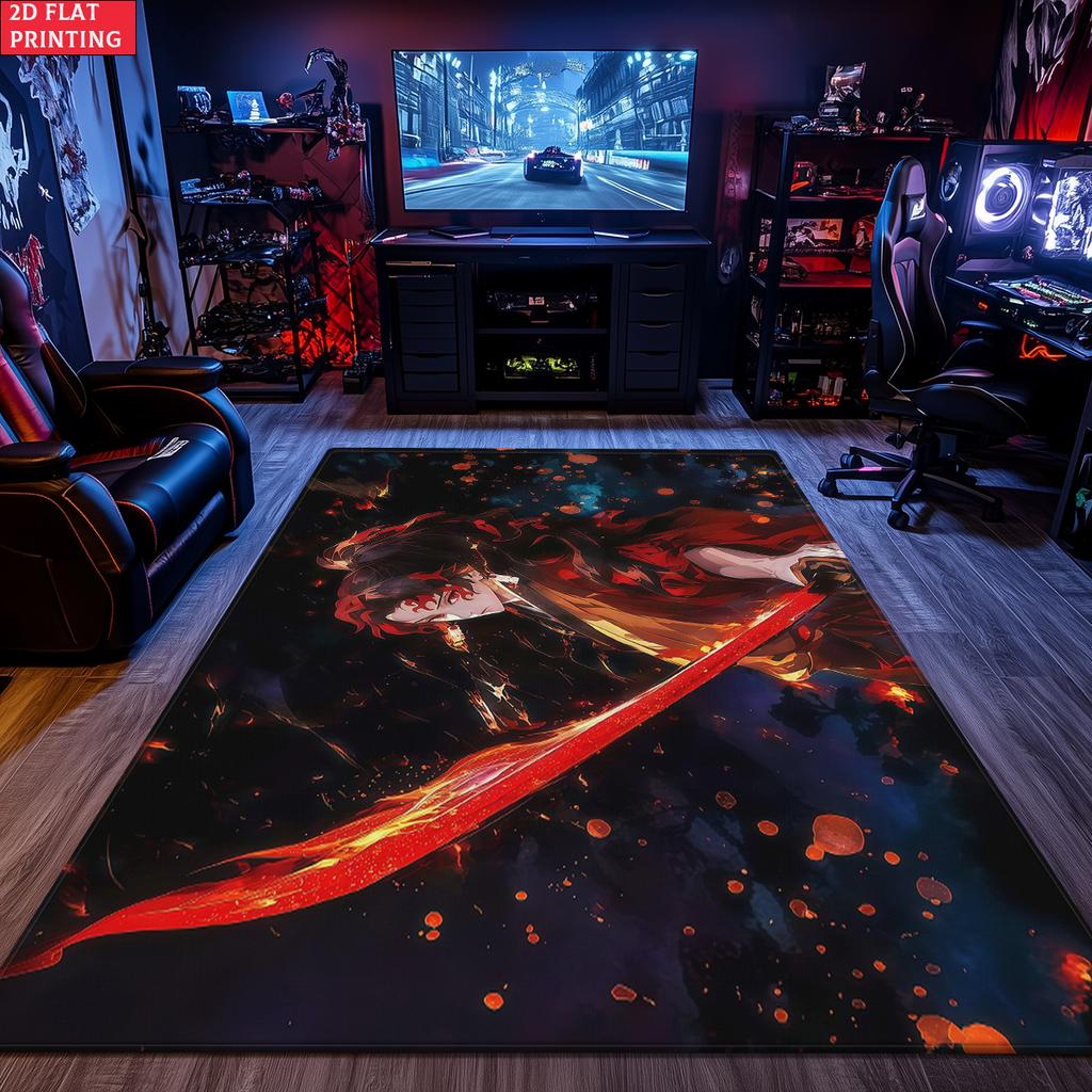Anime Swordsman Area Rug, Red Flame Theme Non-slip Floor Mat,Decorative Carpet for Gaming Room Bedroom, Washable Home Decor Gift