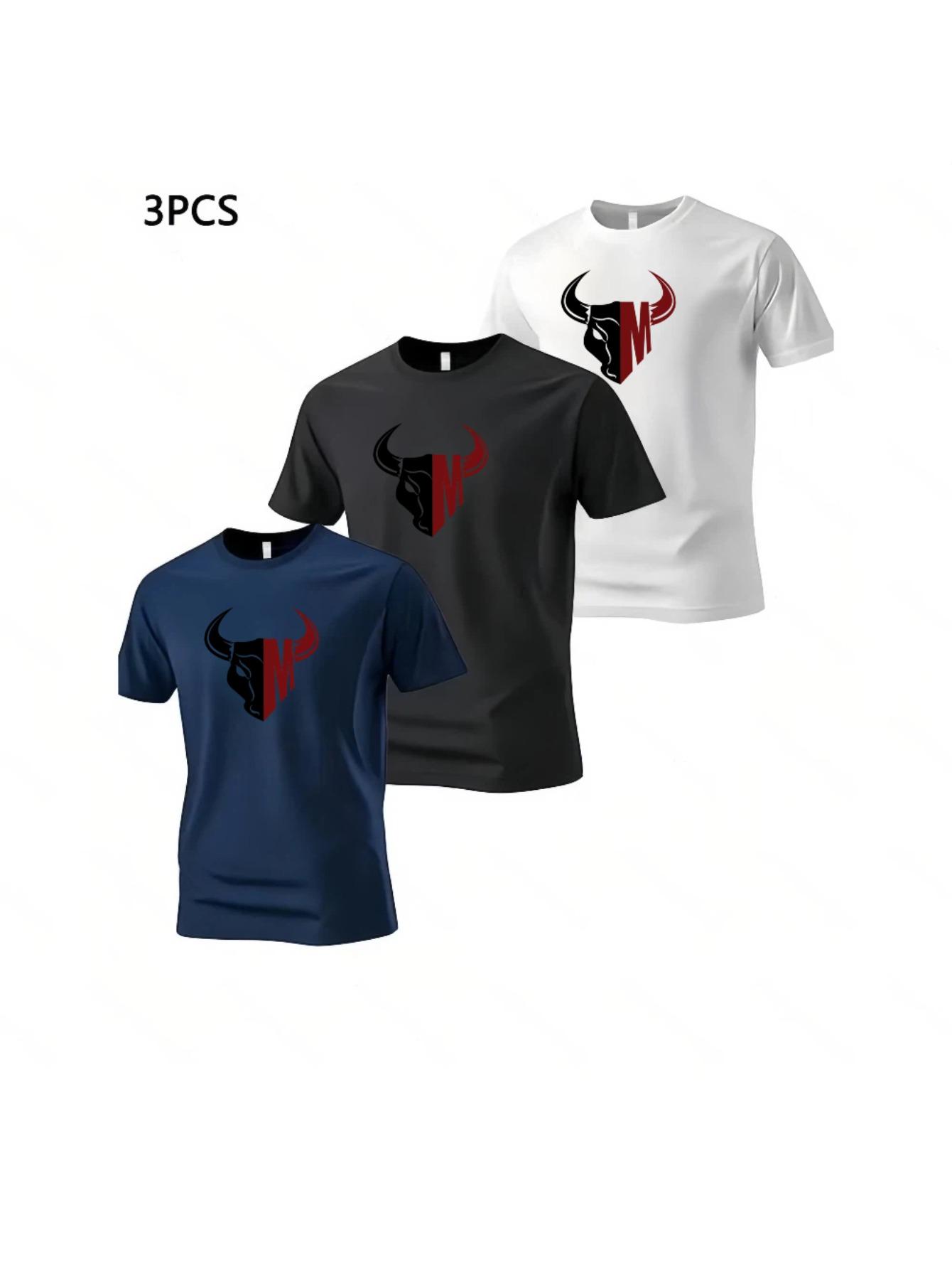 Men S Trendy Three-Piece Set Featuring a T-Shirt with a Creative Bull Head Print in Size  M  M