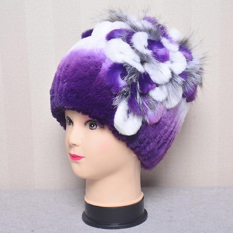 New Luxury Women Fur Hat For Winter Handmade Natural Rex Rabbit Fox Fur Cap Fluffy Female Fur Headgear Brand Warm Beanies Cap