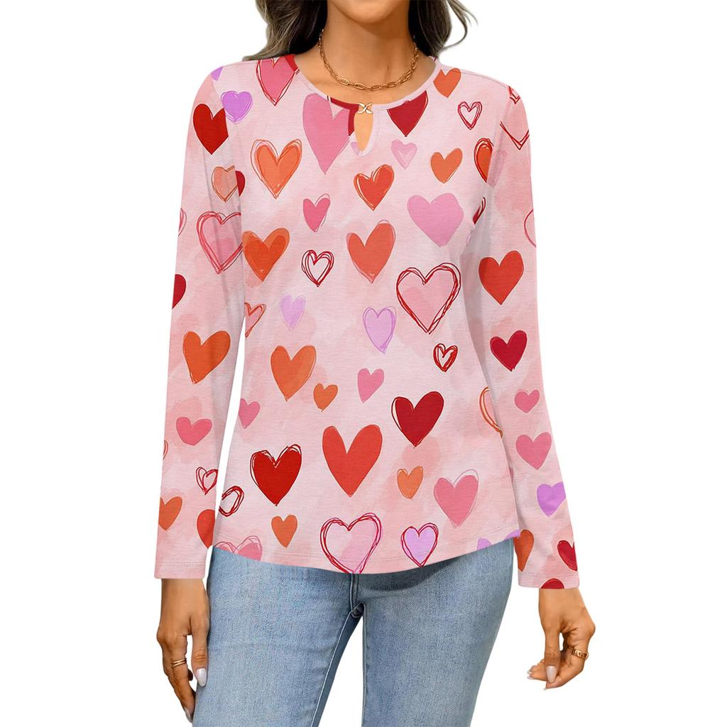 Women's Casual Round Neck Hollow,out Pullover Long Sleeve Valentine's Day Heart Print T,shirt Top