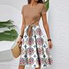 Women's Casual Fashion Belted Vintage Printed Short Sleeve Round Neck Elegant Dress