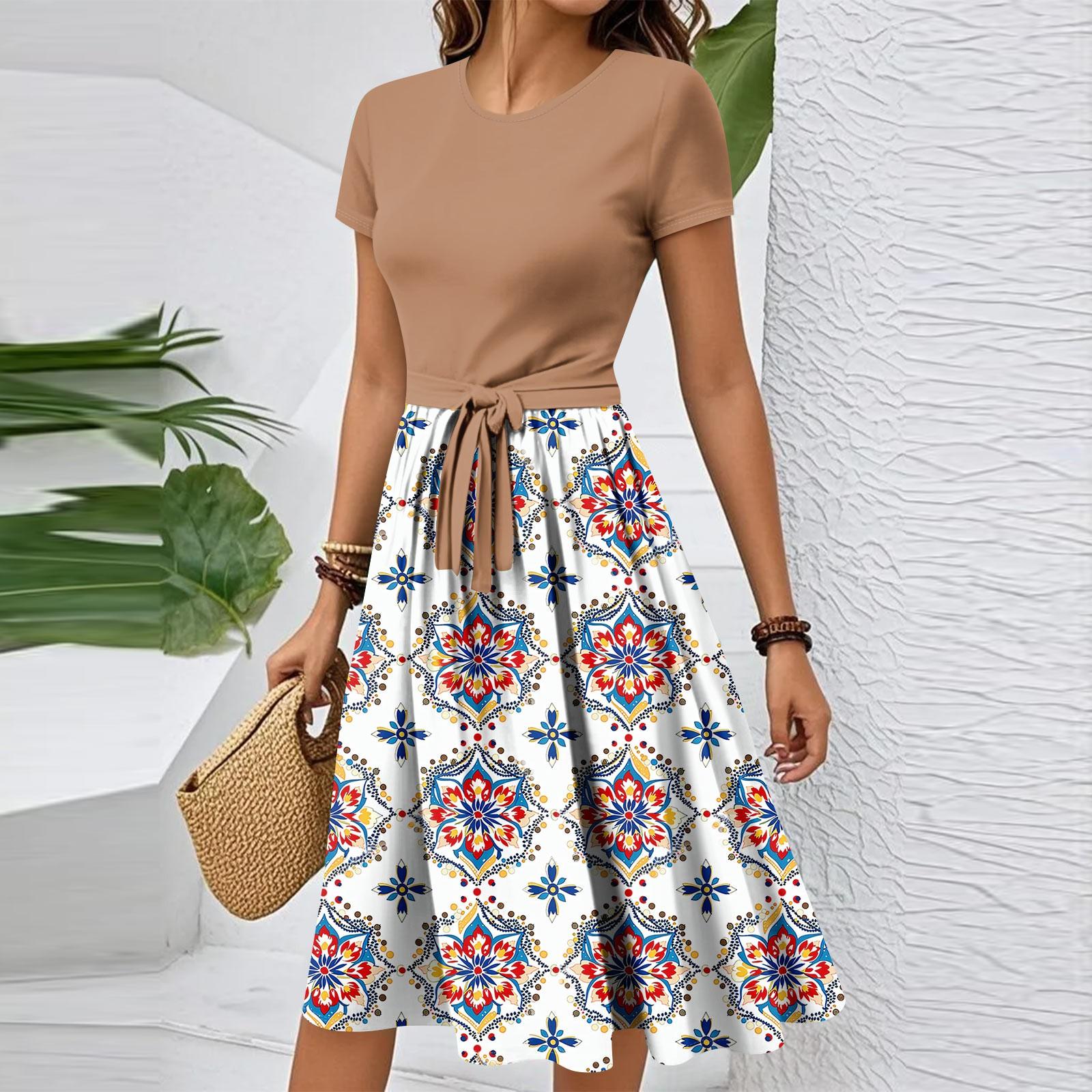 

Жіноча Повсякденна Модна Сукня Вінтажного Принту з Коротким Рукавом та Круглим Вирізом XL винний