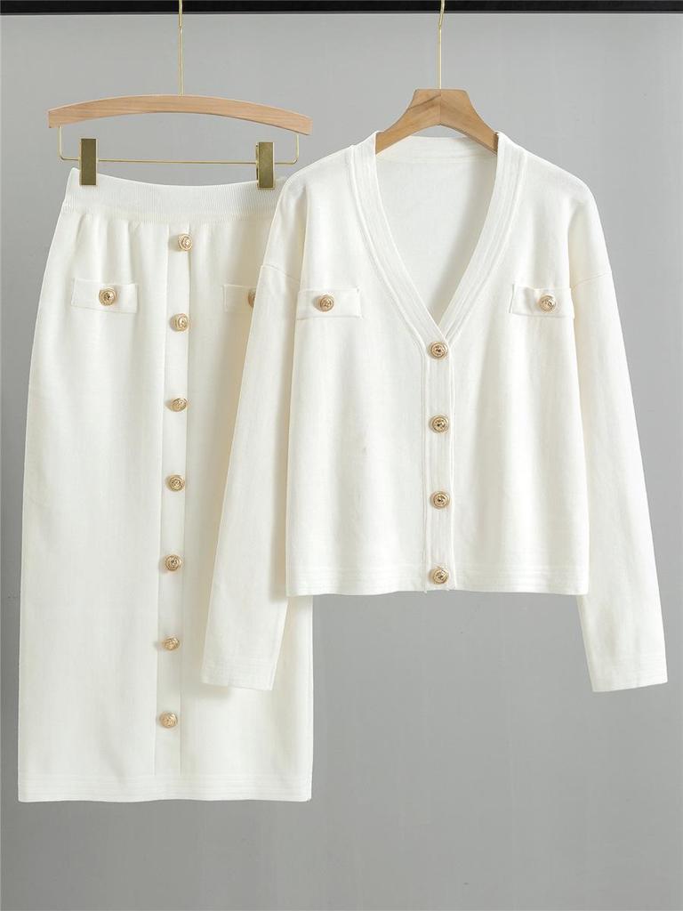 European & American Fragrance-Style Cardigan Sweater & Pencil Skirt Knitwear Set for Women - Spring & Autumn
