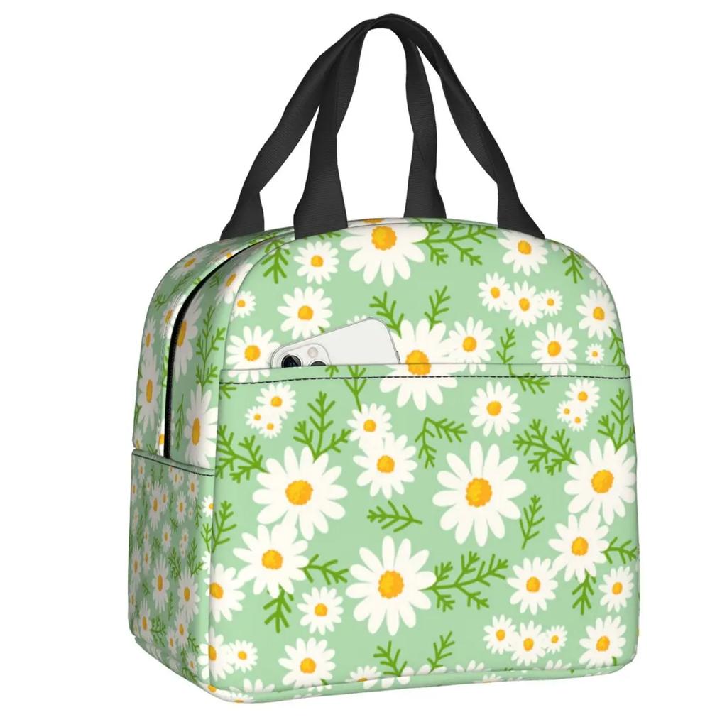 Custom Daisy Floral Lunch Bag Women Cooler Thermal Insulated Daisies Flower Lunch Box for Kids School Work Picnic Food Tote Bags