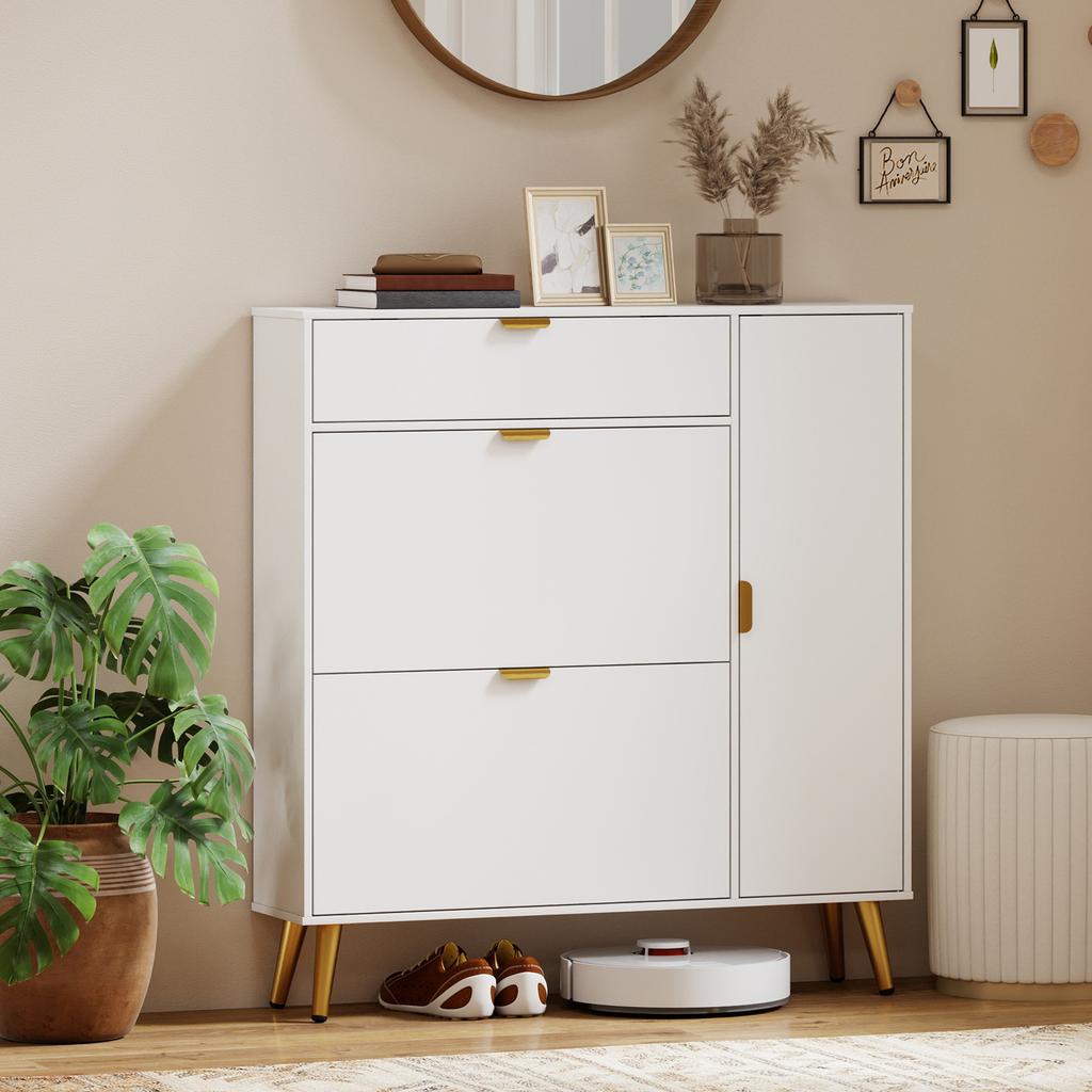 Shoe cabinet for 12 pairs, shoe wardrobe, 2 pull-down drawers, 4 compartments, 99.4x23.8x106.6cm, white
