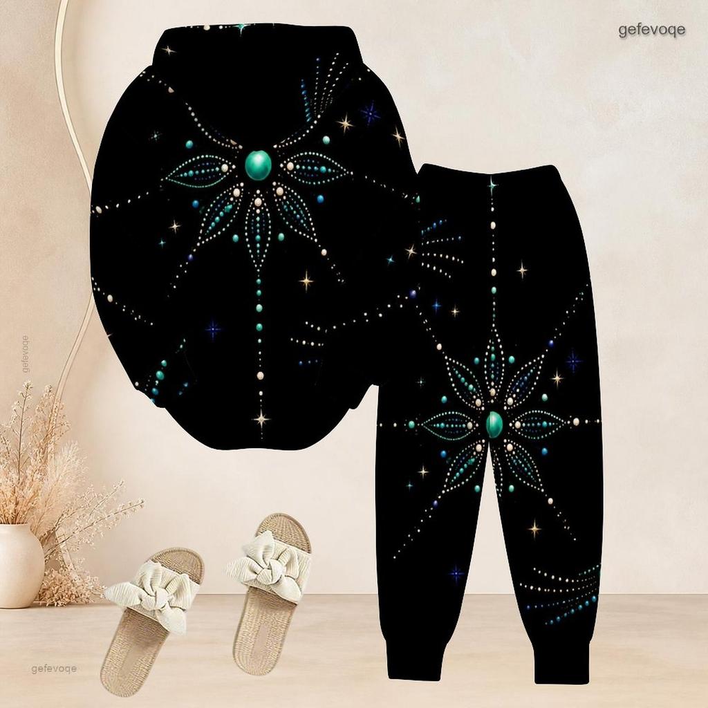 Women Plus Size Mandala Floral Printed Long Sleeve Hooded Top And Cuffed Pants Two Piece Outfit