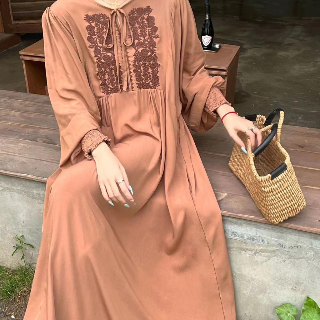 Summer Vintage Art Rochie lungă lejeră Rochie brodata cu mâneci lungi și cu gât