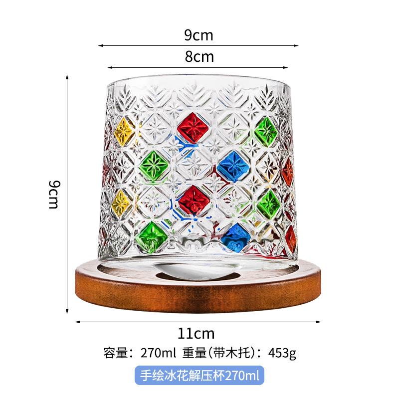 Spinning Colorful Whiskey Glass with Wooden Base Hand Painted Rotating Design for Stress Relief Fun Bar Decor Gift