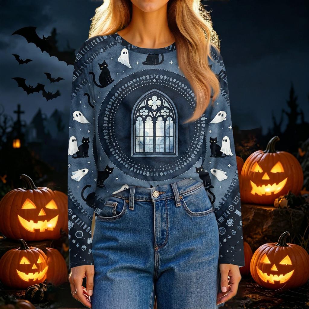Women's Long Sleeve Halloween Print Neck Casual Top for Fall Festivities