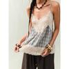 Womens Lace Plaid Patchwork Cami Top V Neck Spaghetti Strap Casual Sleeveless Blouse