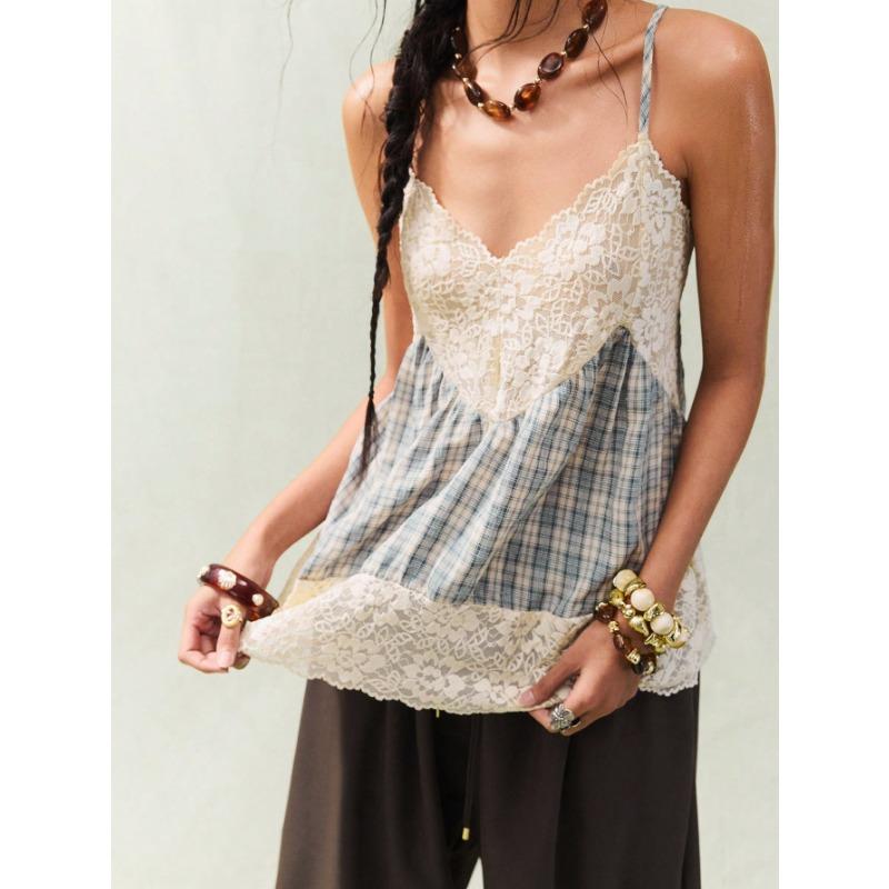 Womens Lace Plaid Patchwork Cami Top V Neck Spaghetti Strap Casual Sleeveless Blouse