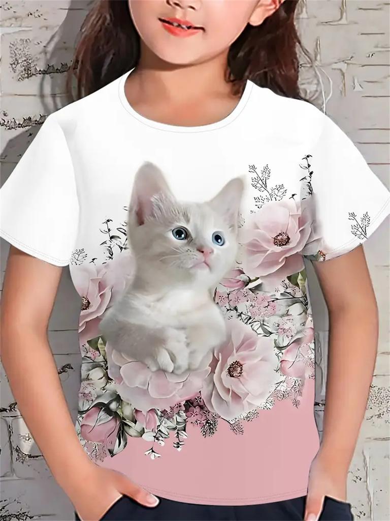 Fun Girl T-shirt Summer Short Sleeved Top Cartoon Animal Cat 3D Printing 2025 Girl Clothing
