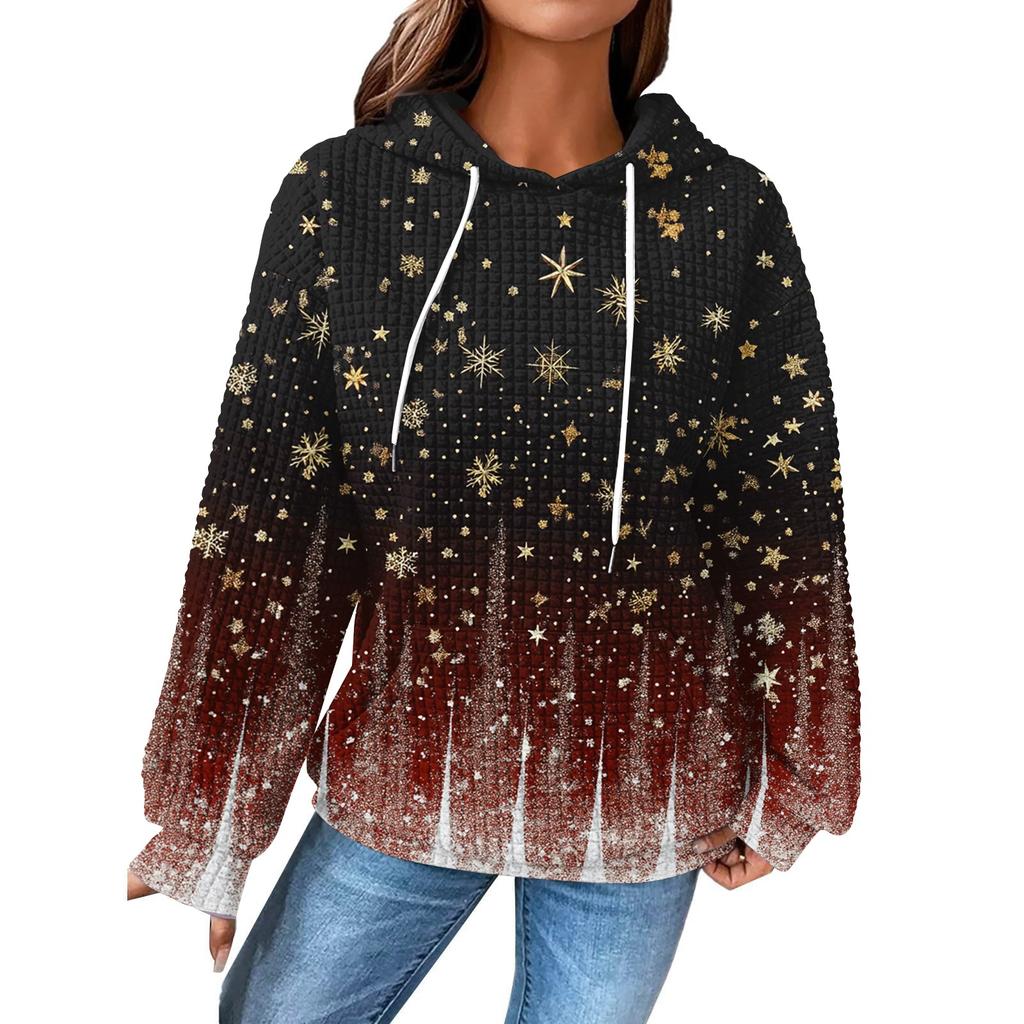 Dammode Lös Pullover med Huva Långärmad Rutig Sweatshirt med Dragsko, Nedhasad Axel, Ficka, Jultryck Topp