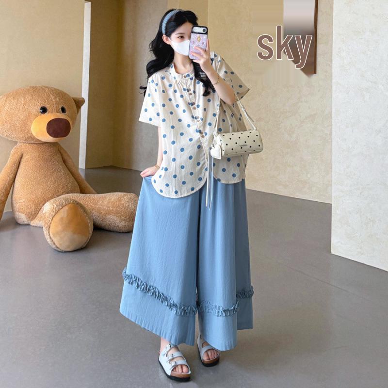 

New Summer Polka Dot Maternity Top & Drawstring Pants: Age-Reducing, Loose-Fit, Casual M