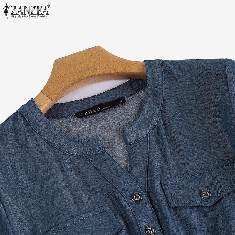 ZANZEA Women Retro Casual Blue Denim Short Sleeve V-neck Midi Dress
