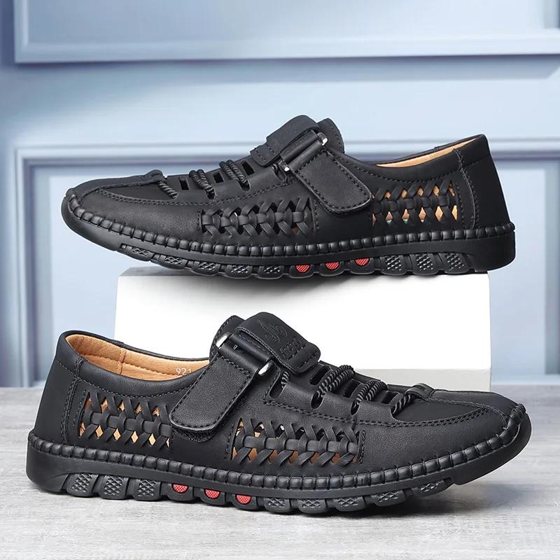 Summer Men Sandals Leisure Breathable Comfort Mens Beach Shoes Fashion Solid Hand Sewn Male Flat Casual NEW Leather Sandals