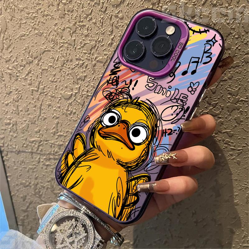 Graffiti Small Yellow Duck Electroplate Silver IMD Phone Case For iPhone 16 15 Pro Max 14 13 12 11 16E 7 8 Plus X XS XR Cover