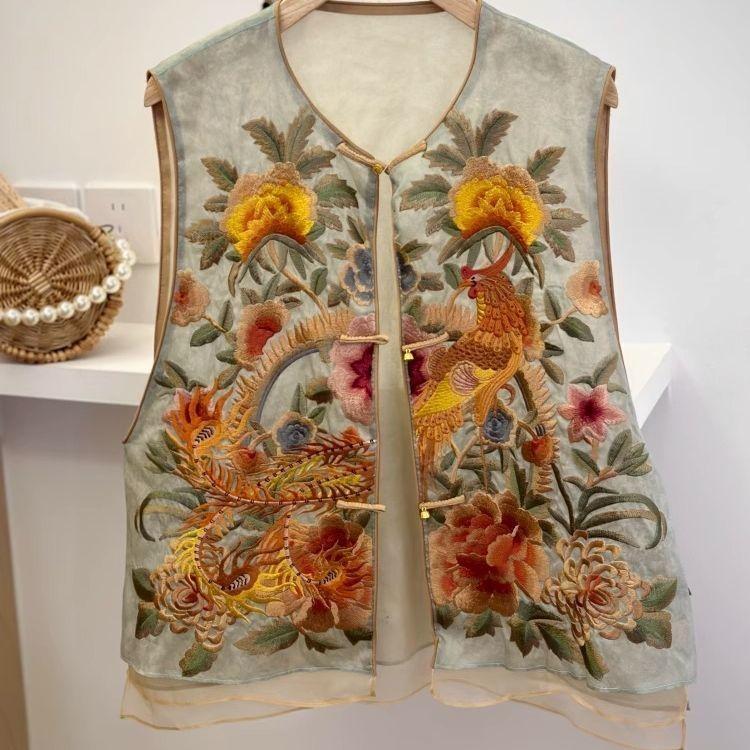 

2025 лето новый жилет с вышивкой на китайских пуговицах жилет жилет тонкий жилет топ универсальный M (under 50kg recommended)