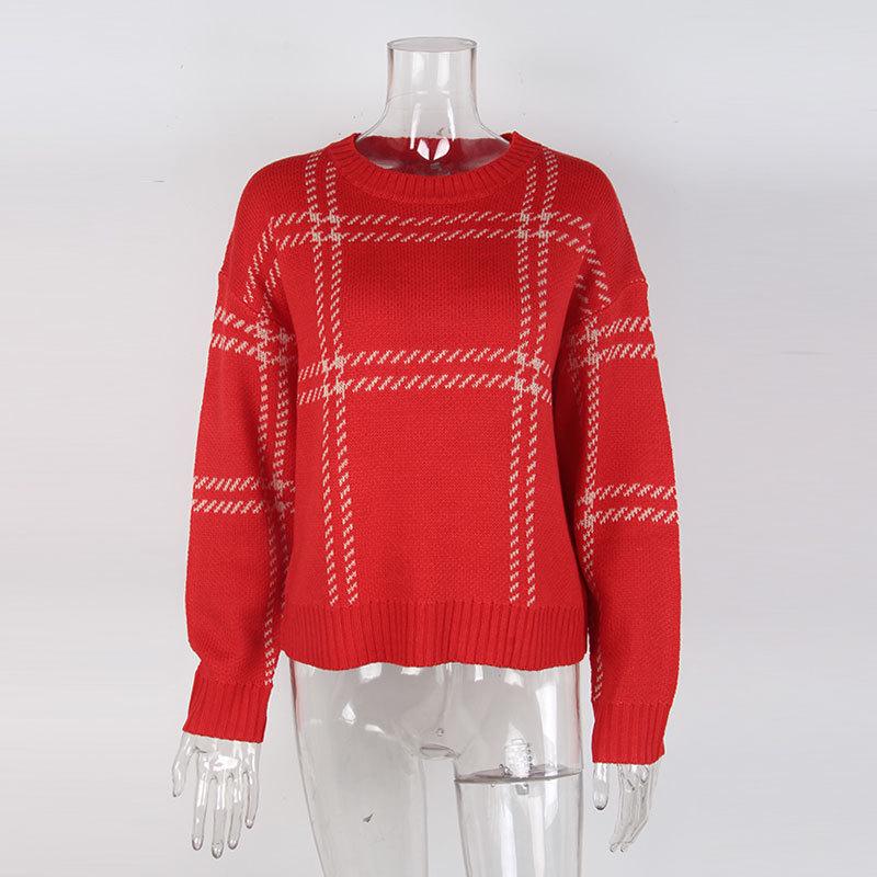 Europäischer & Amerikanischer Karomuster Farbblock Rundhals Pullover Strickware für Damen - Herbst/Winter Stil