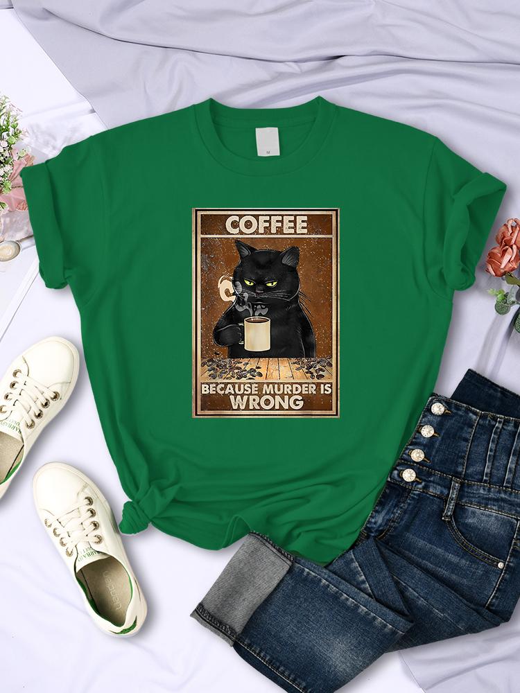 

Потому что Убийство - Это Плохо Черный Кот Пьет Кофе Женская Футболка Одежда Круглый Вырез Винтаж Короткий Рукав Личность Повседневная Женская Футболка 4XL