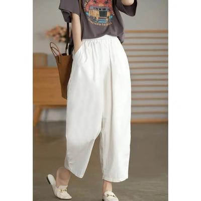 Dames Zomerbroek Hoge Taille Wijde Pijp Retro Cropped Broek Casual Los Baggy Katoen Linnen Broek voor Dames Onderstukken