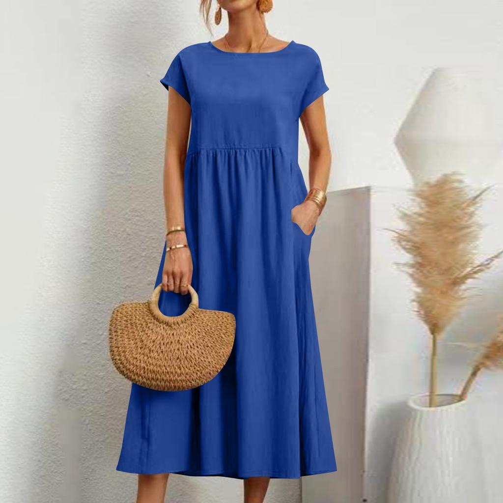 Abito da donna colorato a maniche corte, ampio, in cotone e lino, con tasche