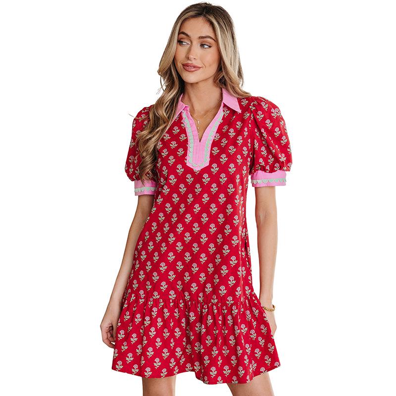 

2026 Floral Print Lapel Pullover & Short Skirt - Women s Sweet European American Style, High Waist Summer Dress Medium
