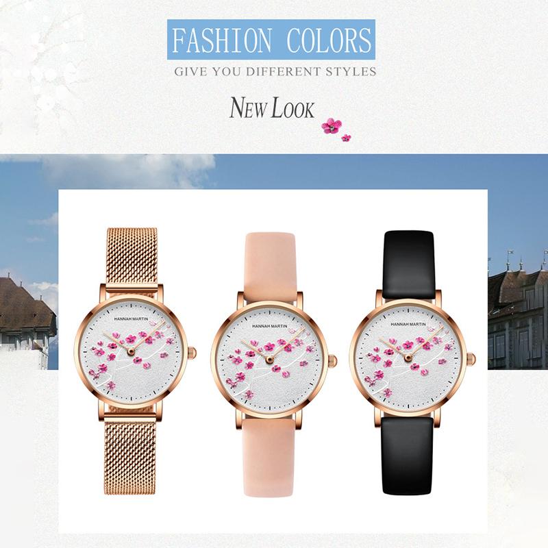 Hannah Martin Damen Luxus Neue 3D Kirschblüte Serie Stahl Gürtel Wasserdicht Quarz Damen Uhr Romantische Kirschblüte Uhr Frauen