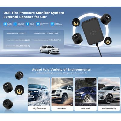 USB Android TPMS Däcktrycksövervakningssystem Display Larmsystem Interna Sensorer För Bilnavigation Bilradio 4 Sensorer