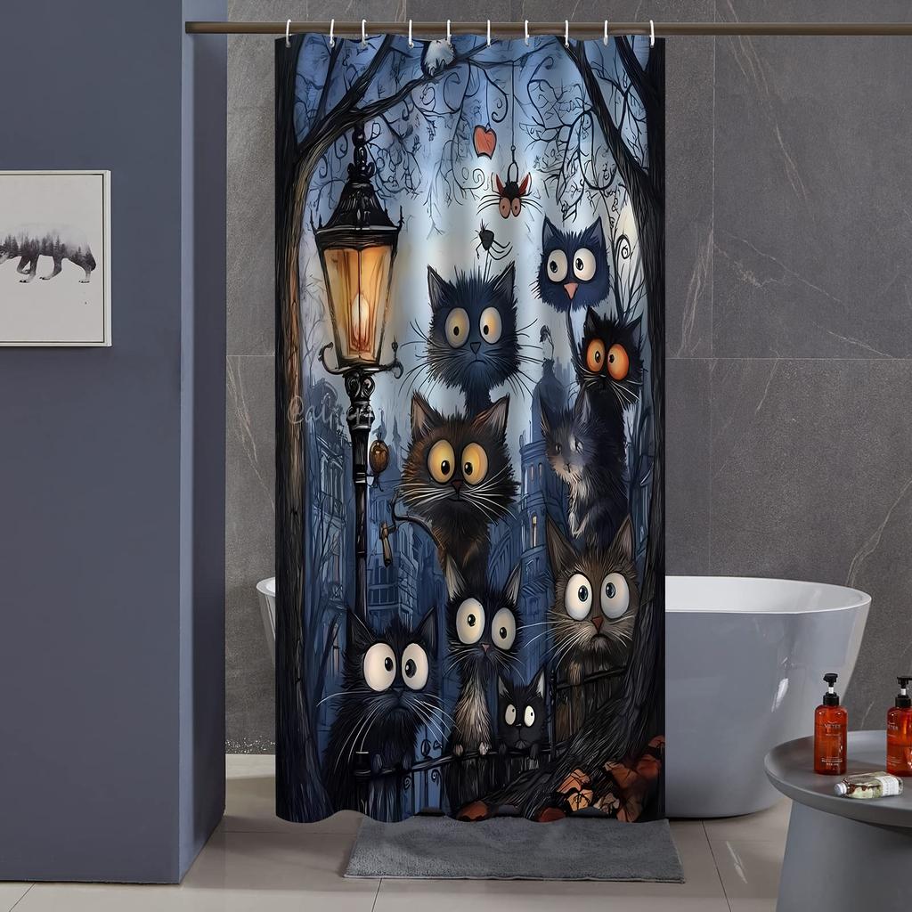 "Spooky Halloween Cat Shower Curtain - Perfect For Haunted Bathroom Decor. High-Quality Fabric Ensures Durability And Festive