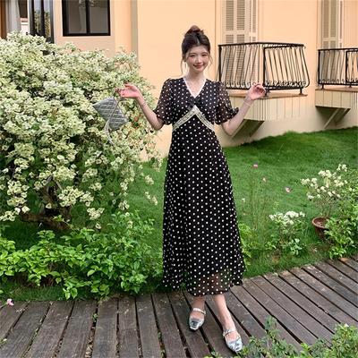 Dolce Abito in Chiffon a Pois con Inserti in Pizzo per Donna Estate Nuovo Dolce Scollo a V Maniche a Sbuffo Allacciatura Slim Midi con Fiocco