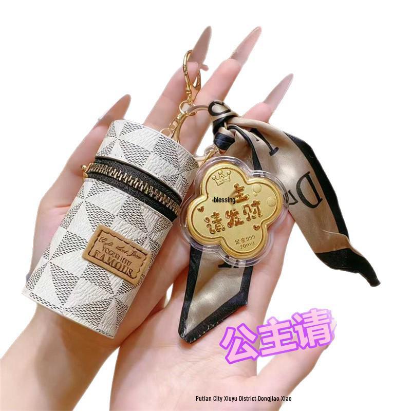 999 Pure Gold Princess Wealth Keychain Pendant with Red Envelope and Mini Bucket Bag Gift for Best Friend