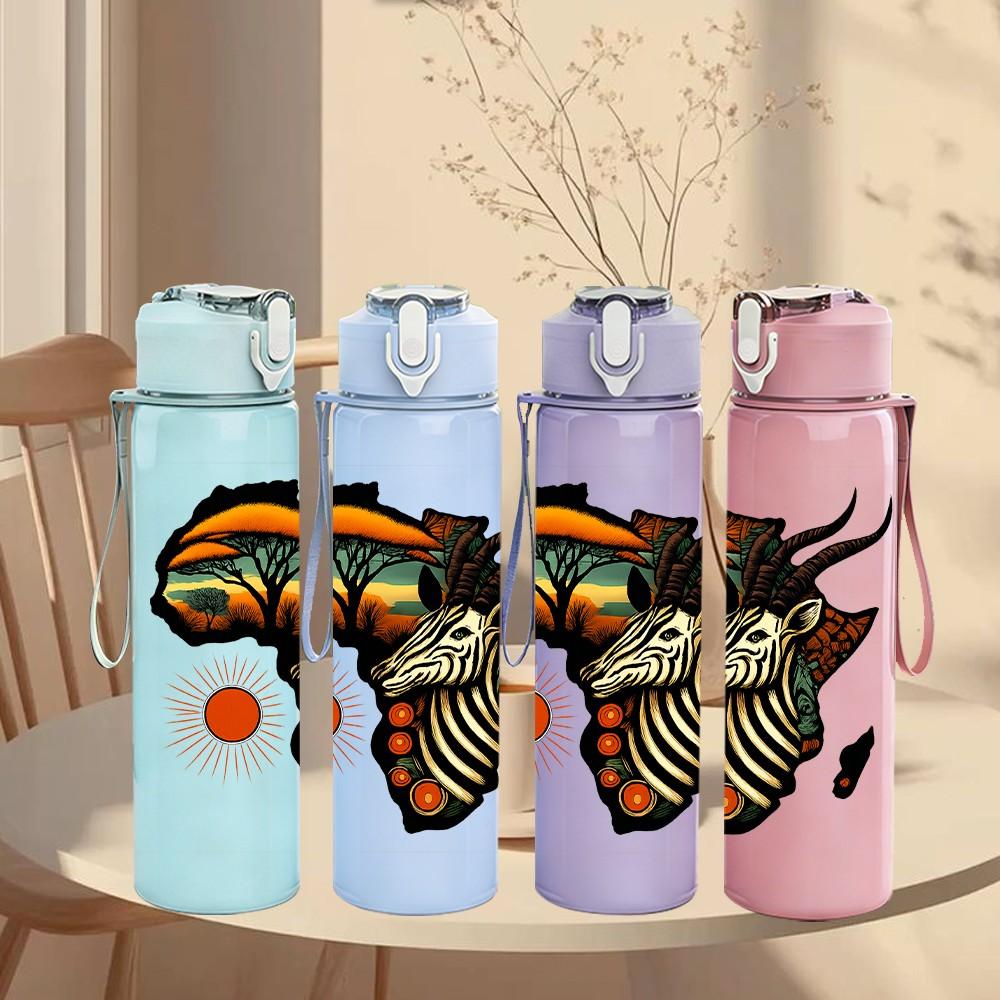 1PC Africa Map Wild Animal 750ml Color Plastic Sports Water Bottle Leakproof Flip Straw Lid Suitable for Sports Office Home Use