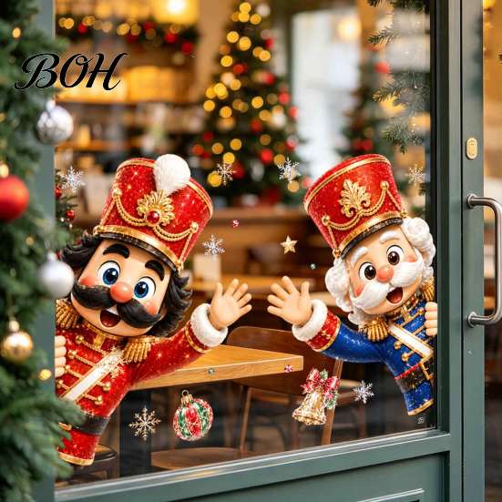 Seasonal Home Window Decor Christmas Static Clings, Removable Glass Decals, Snowman Santa Reindeer Nutcracker Glue Free Film with Snowflakes, Reusable