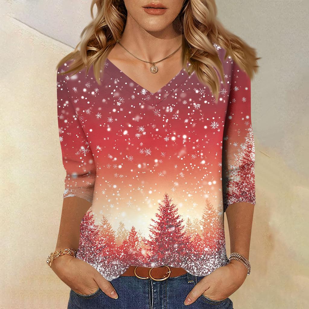 Women's T Shirt CHristmas Print 3/4 Sleeve Daily Weekend Fashion Basic V- Neck Regular Top