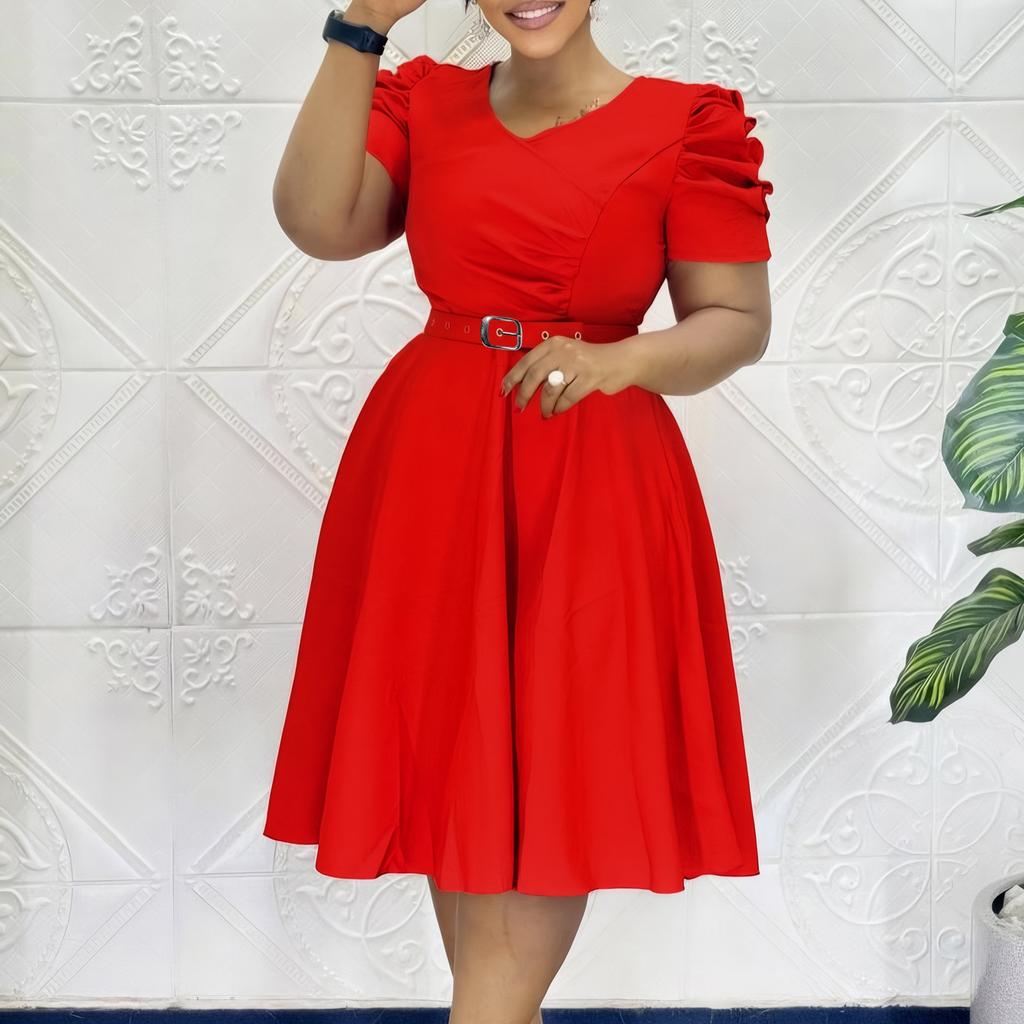 Women Elegant Dresses Belt Waisted Pleated Mid Calf Fashion Ladies 2026 New V Neck Short Sleeve Birthday Party Dress