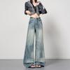 Autumn and Winter New Retro Washed Lightning Pattern Micro-horn Jeans Women
