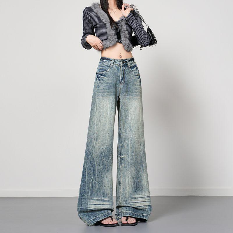 Autumn and winter new retro washed lightning pattern micro-horn jeans women