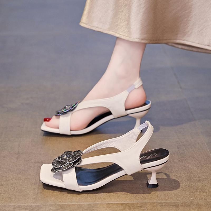 Rhinestone Camellia High Heels Summer New Light Cooked Style Square Toe Open Toe Back Empty Stiletto Sandals