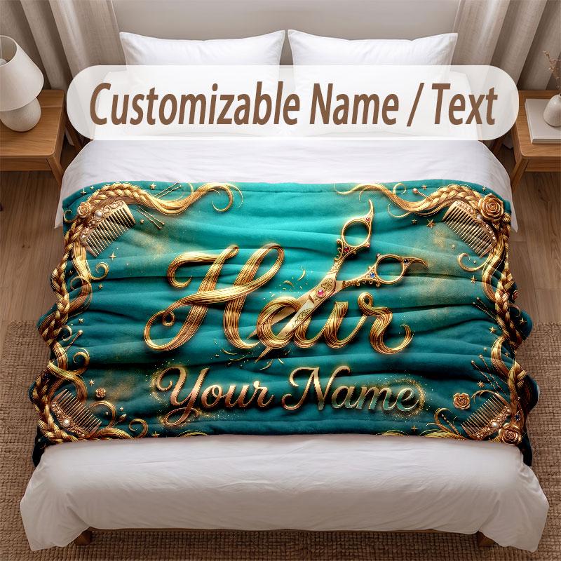 Barber Salon Theme Soft Blanket Personalized Custom Name Text Print Warm Blanket Home Sofa Bedroom Decor
