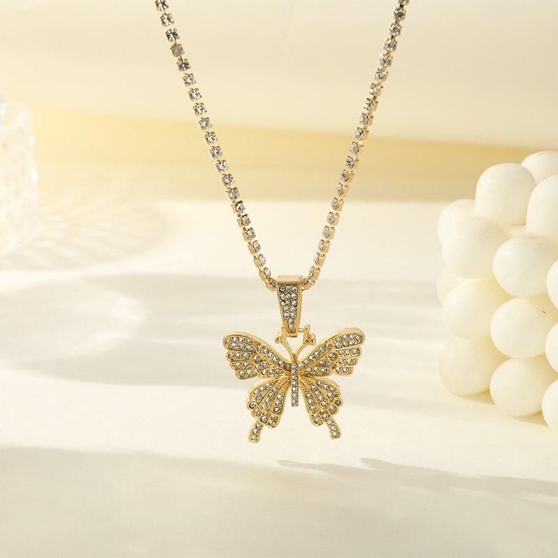 2PCS Gold-color and Silver-plated Necklace Small Fresh Butterfly Pendant with Full Diamonds Clavicle Jewelry