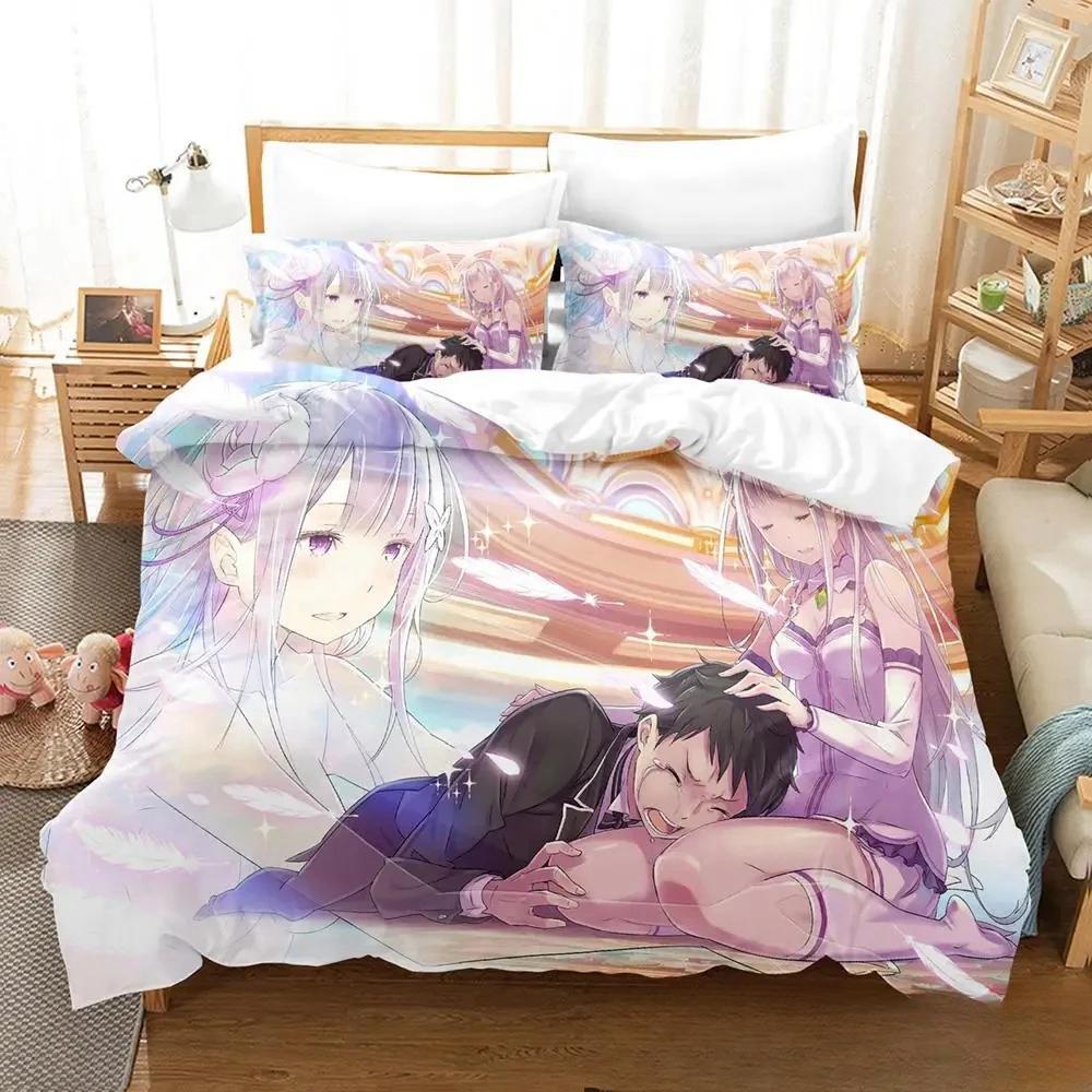 3D Print Anime Re Zero Rem Ram Emilia Bedding Set Duvetcover Bed Set Quilt Cover Pillowcase Comforter King Queen Size Boys Adult