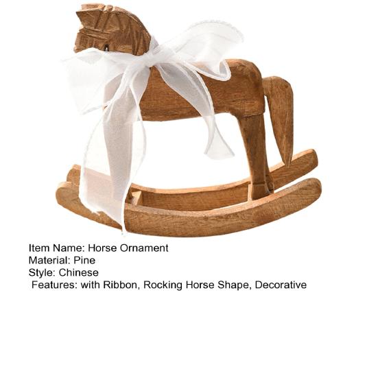 Wood Rocking Horse Figurine with Ribbon Handcrafted Rocking Horse Statue Home Office Living Room Kinetic Desktop Decoration Ornament