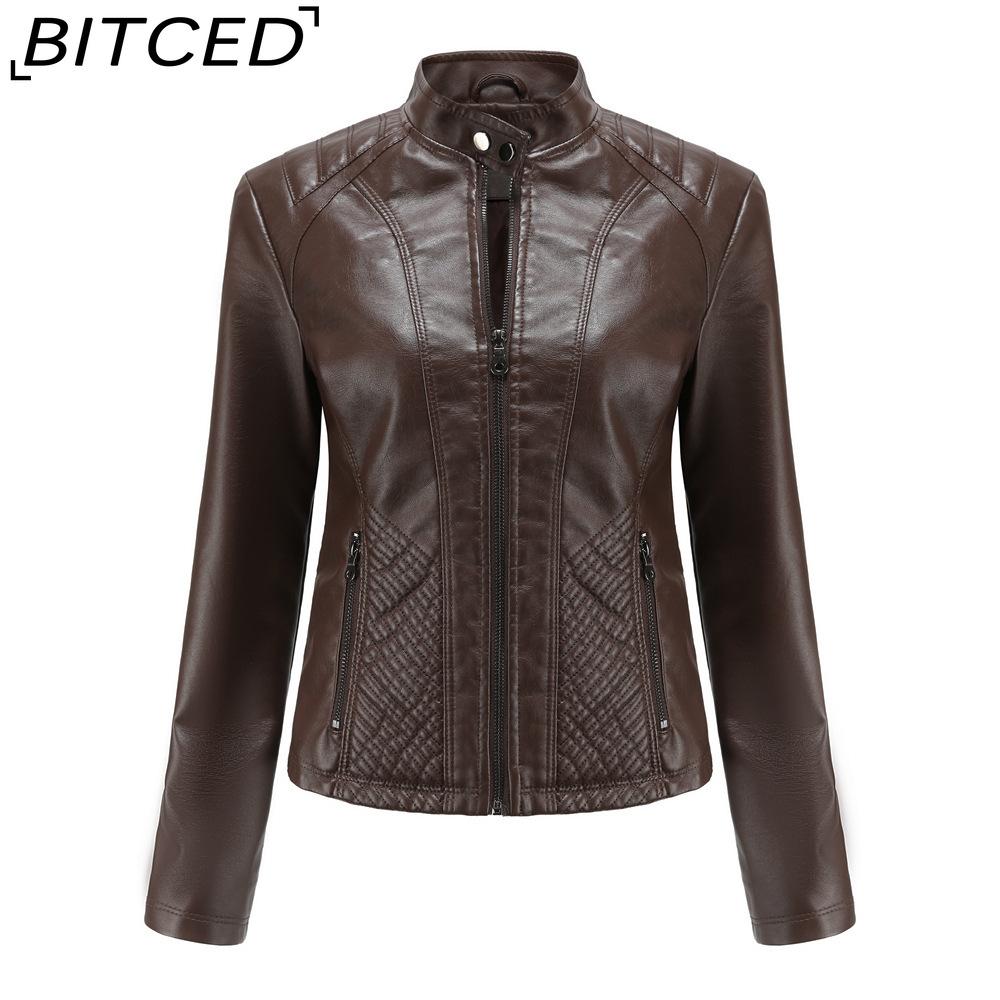 

BITCED Autumn/Winter Casual Leather Jacket for Women Minimalist, Trendy, Lightweight Coat Long-Sleeved Biker Jacket XXXL кофейный