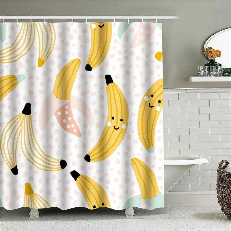 Happy Bananas Shower Curtain Waterproof Fabric Bathroom Decor For Kids Room Yellow Cartoon Fruit Print Design