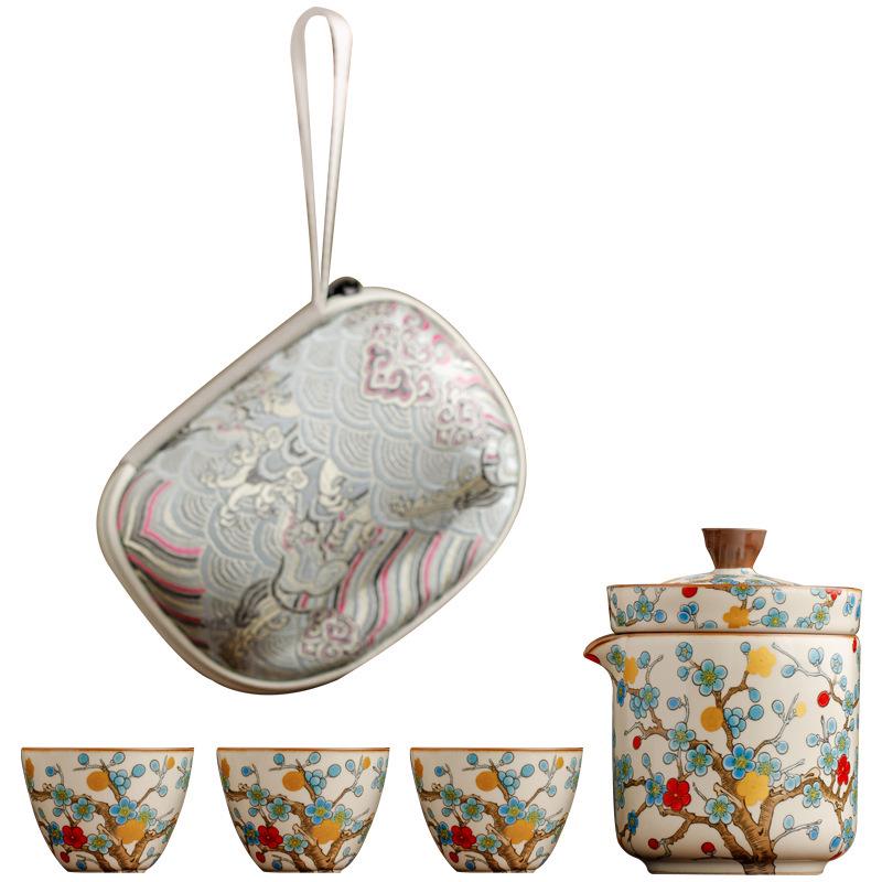 Golden Plum Ru Kiln Portable Tea Set: Quick-Brew Pot with Four Cups for Outdoor Camping and Kung Fu Tea