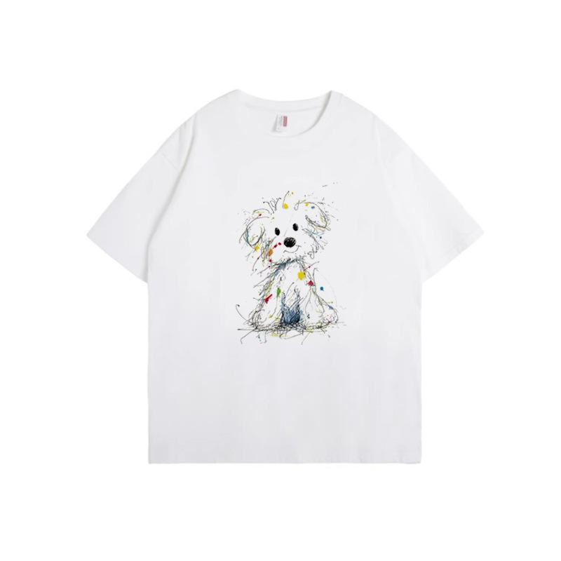 White crew neck short-sleeved T-shirt women s summer new cartoon puppy print casual loose short-sleeved top S белый