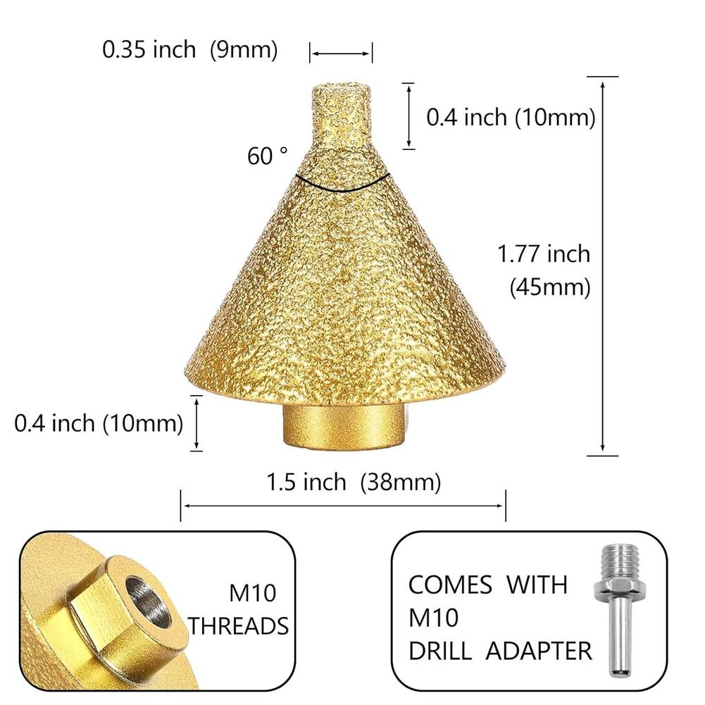 38mm Tapered Diamond Drill Bit Featuring Diamond Particles and 60 Degree Bevel for Glass Marble Concrete and Porcelain Use