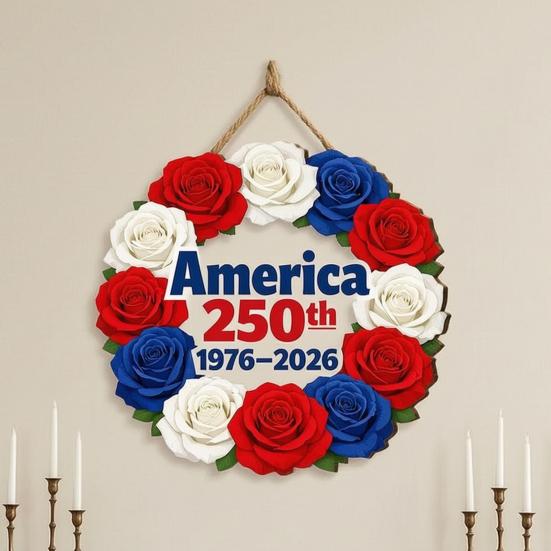 Wooden 4th of July Door Sign for Front Door, Red White Blue Patriotic Hanging Wreath for Independence Day, 250th Anniversary, Home Porch Wall Indoor