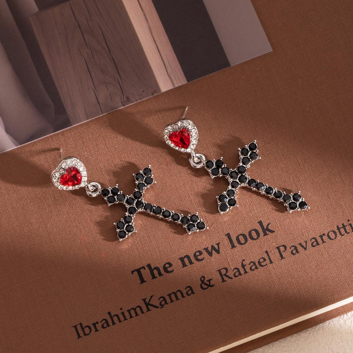 Halloween Dark Sweet And Cool Love Cross Earrings, Light Luxury High-End Diamond-Encrusted Temperament Earrings